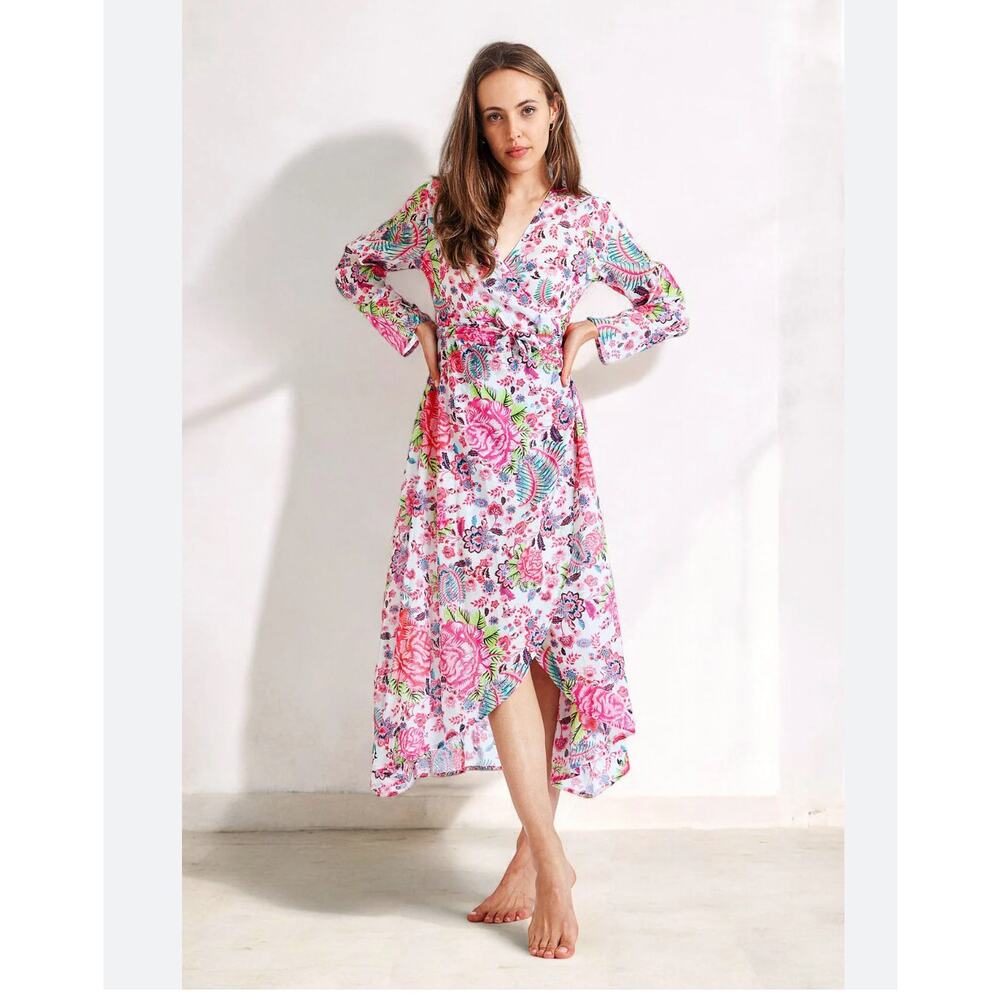 Debbie Katz inez Zara pink floral midi wrap sheer summer resort dress XS